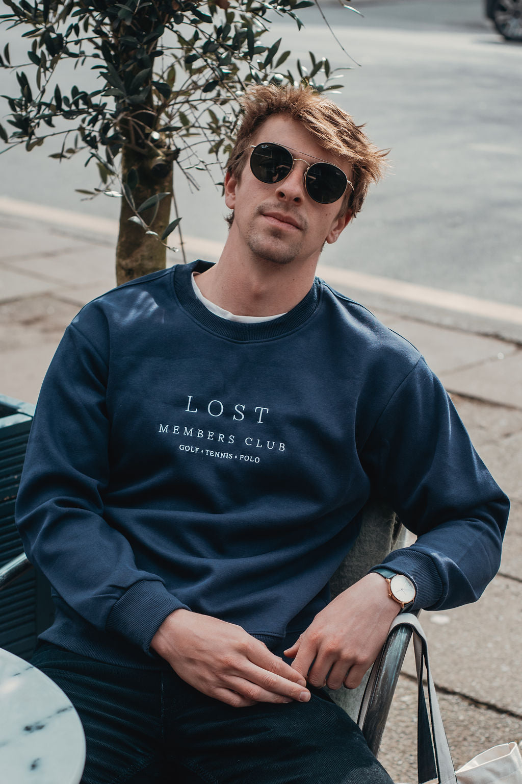 French navy cotton jumper with embroidered Lost Members Club logo
