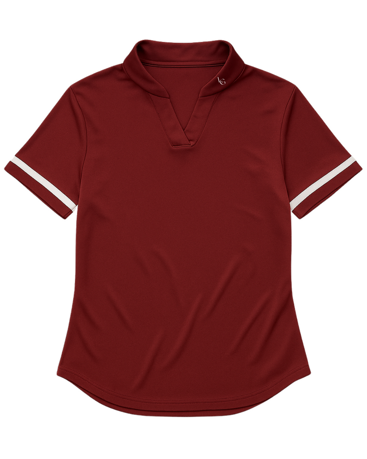 Burgundy women’s sport polo with mock-neck and relaxed fit by LMC