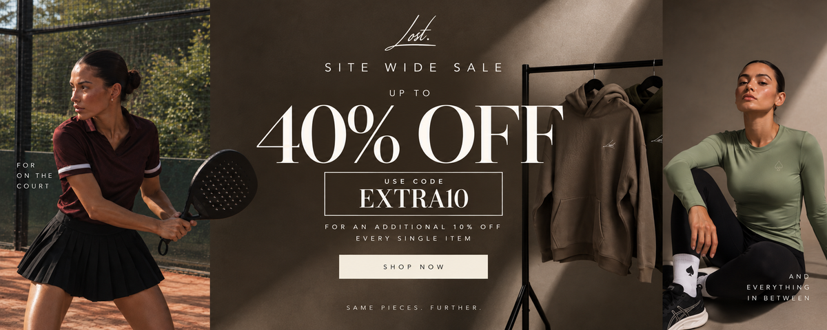 A promotional banner for LOST featuring a 40% off sale. The left side shows a woman playing tennis on an outdoor court, wearing a dark maroon short-sleeve athletic top and a black skirt.